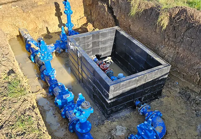 New blue water main valves and chamber installed in an excavation