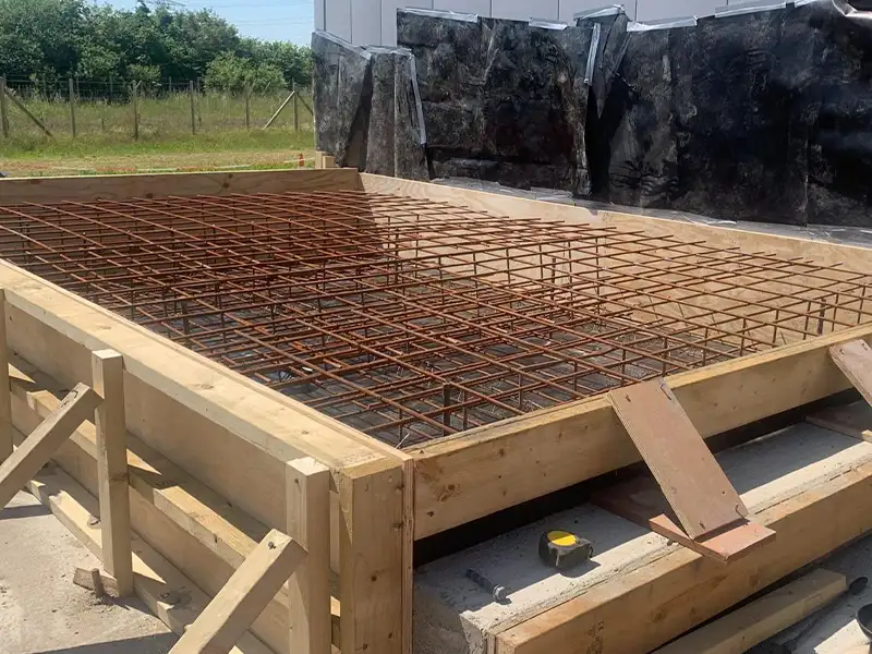 Steel reinforcement in timber formwork ready for a concrete pour