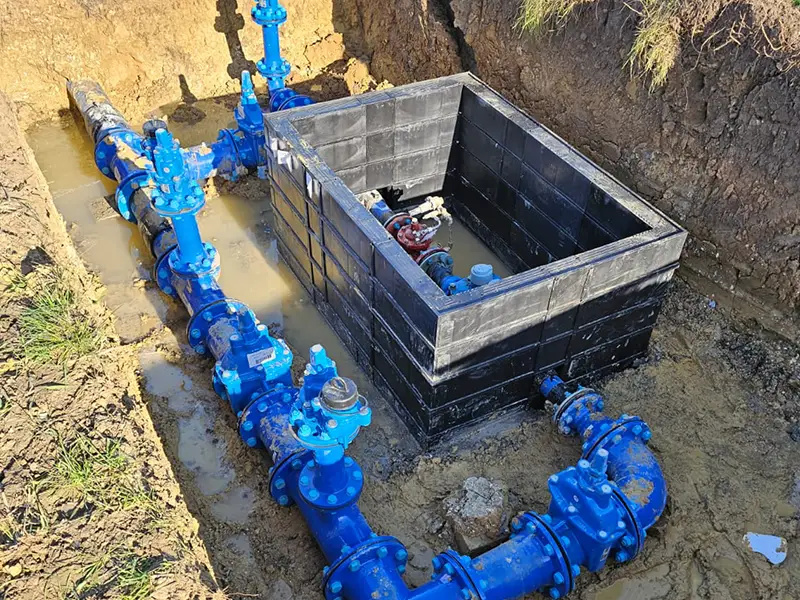 New blue water main valves and chamber installed in an excavation